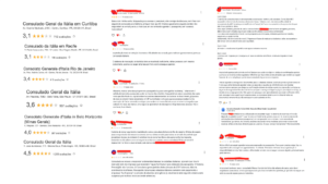 Capturas de tela mostram reclamações de cidadãos e ítalo-descendentes sobre atrasos, falta de resposta e ineficiência no atendimento dos consulados italianos no Brasil.