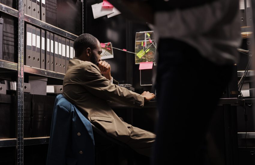 African american detective working at workplace desk in agency office. Concerned investigator brainstorming, thinking about solving crime while sitting at table at night time