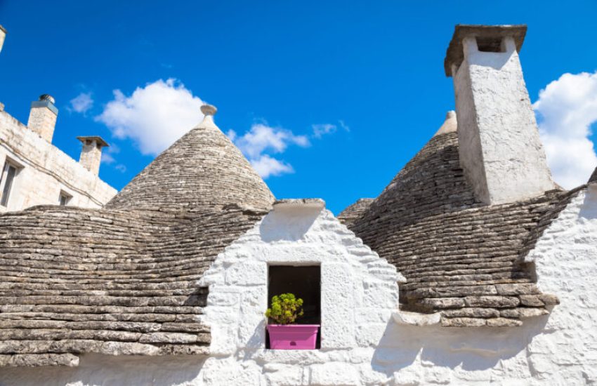 Alberobello, Puglia Region, South of Italy. Traditional roofs of the Trulli, original and old houses of this region.