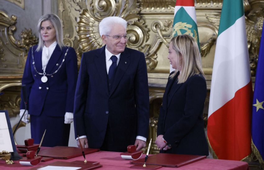 Italian President, Sergio Mattarella, and Italian Prime Minister, Giorgia Meloni, during the swearing-in ceremony of the new Italian Government, at 
Quirinal Palace, Rome, Italy, 22 October 2022.   ANSA/FABIO FRUSTACI